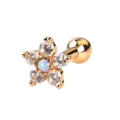 Ørepiercing av 14 karat gull med blomst og opal