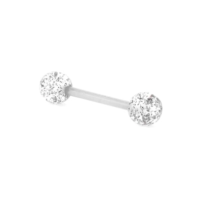 Tungepiercing i bioplast med glimmerflak