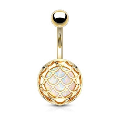 Navlepiercing med innkapslet opal i skjelldesign