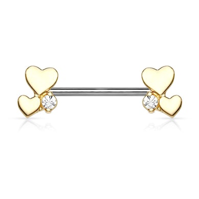 Brystpiercing med to hjerter og en sten i hver ende