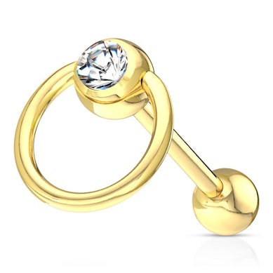 Gullbelagt tungepiercing med ring og klar sten