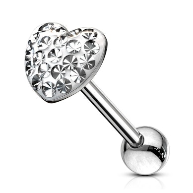 Tungepiercing med stenbesatt hjerteformet kule