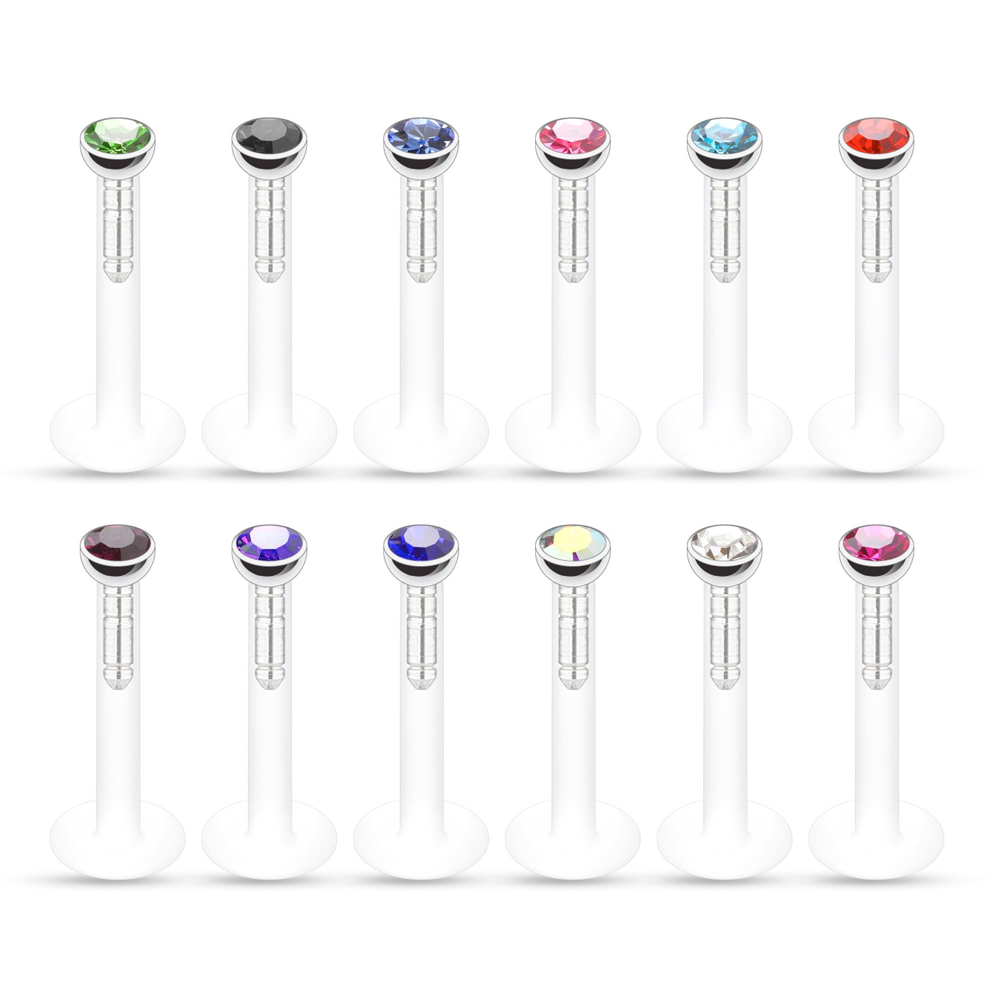 Labret av ptfe med mange forskjellige fargede stener