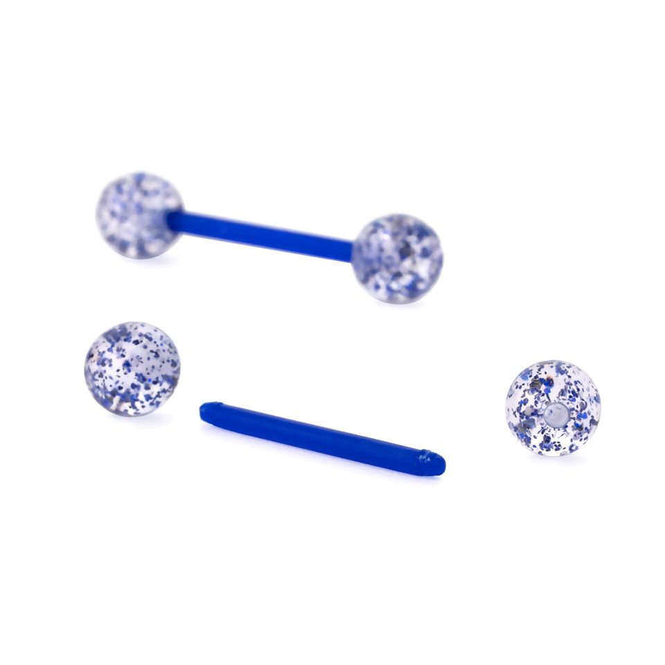 Tungepiercing i bioplast med glimmerflak