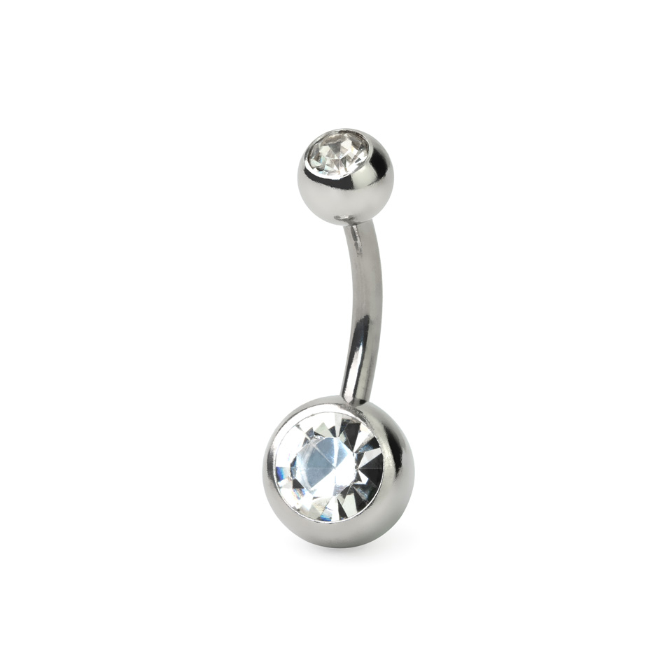 Navlepiercing av titan med to stener