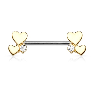 Brystpiercing med to hjerter og en sten i hver ende