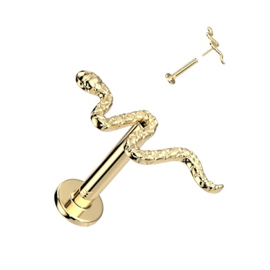 Push-in labret laget av 14K gull med detaljert slange