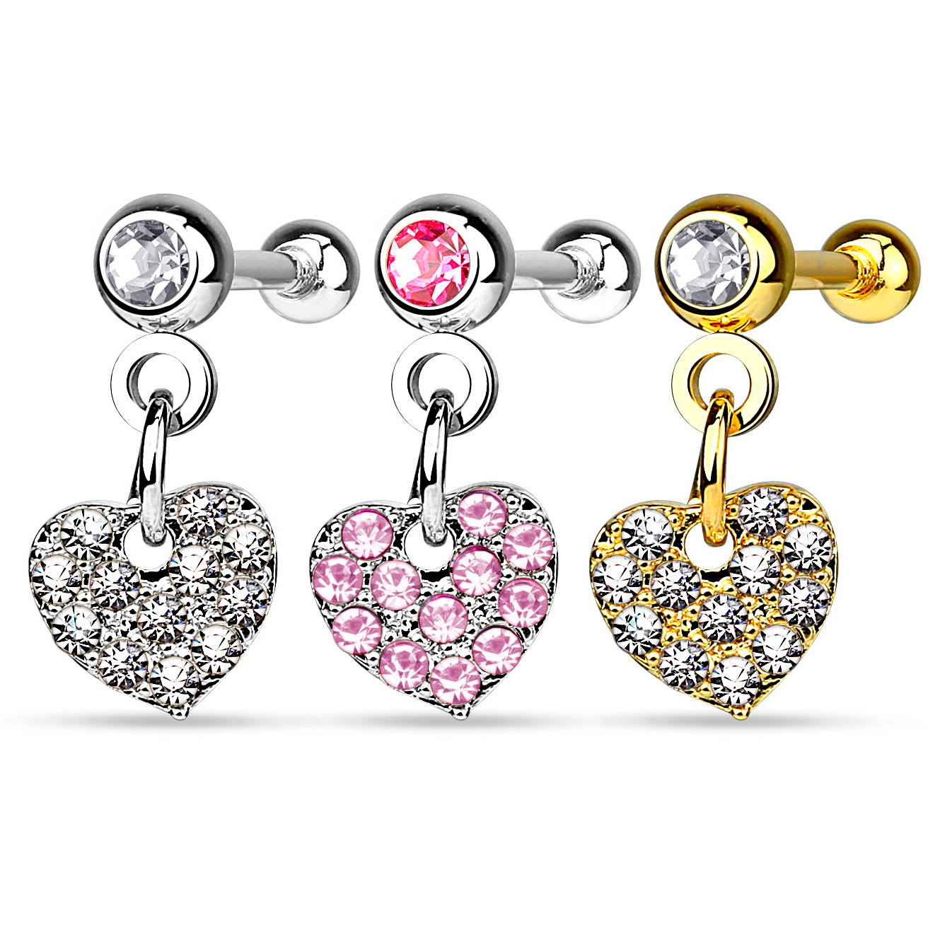 Ørepiercing med stenbesatt hjerte i anheng