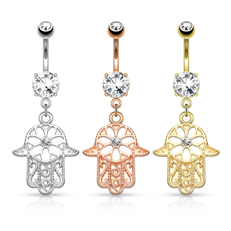 Navlepiercing med sten i hamsa-anheng
