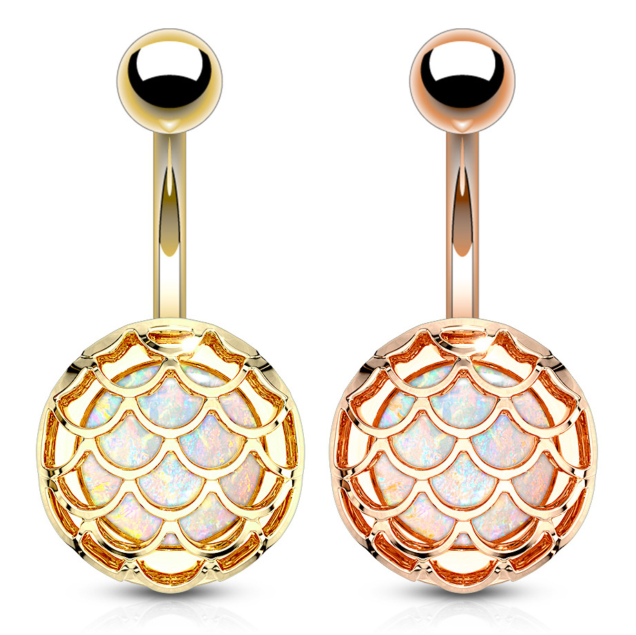 Navlepiercing med innkapslet opal i skjelldesign