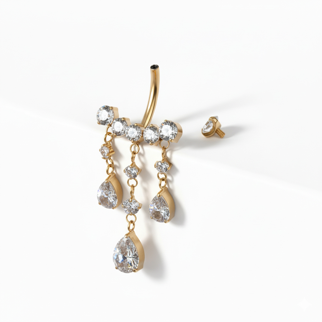 Navlebarbell i titan med hengende smykkestener