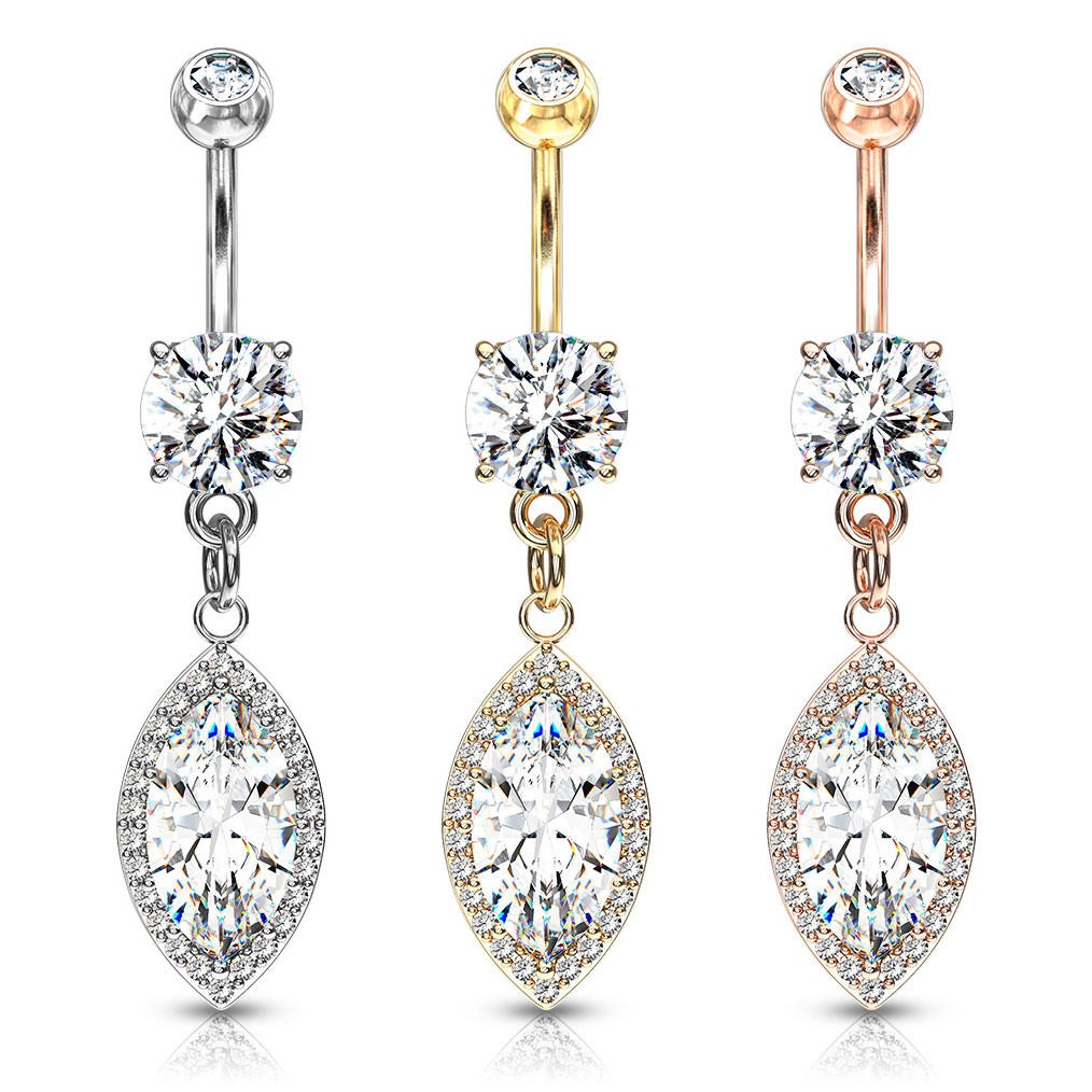 Navlepiercing med markisformet sten i anheng