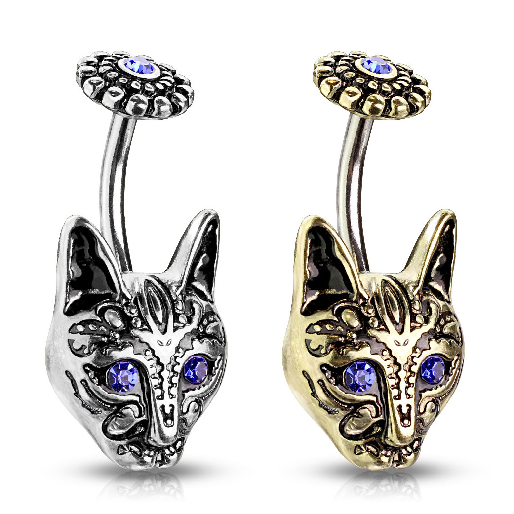 Navlepiercing med tribal katt og blåe øyne