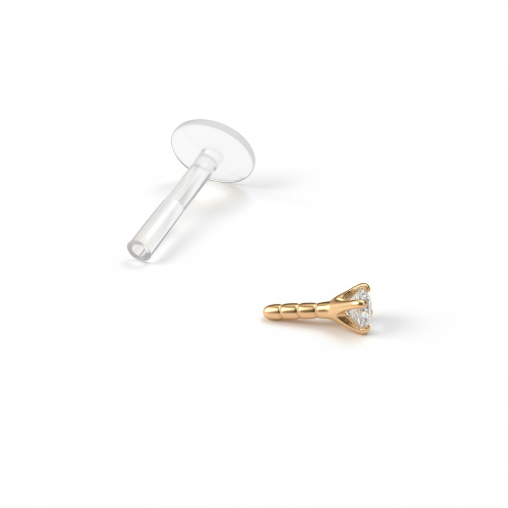 Labret af 14 karat guld med rund sten og ptfe stav