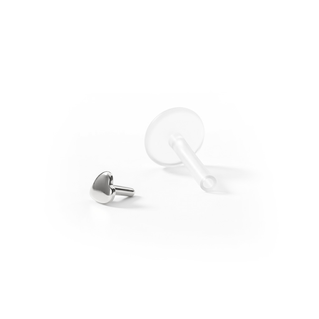 Labret av 14 karat gull med hjertetopp-8 mm-14K Hvitt gull / PTFE-1,2 mm