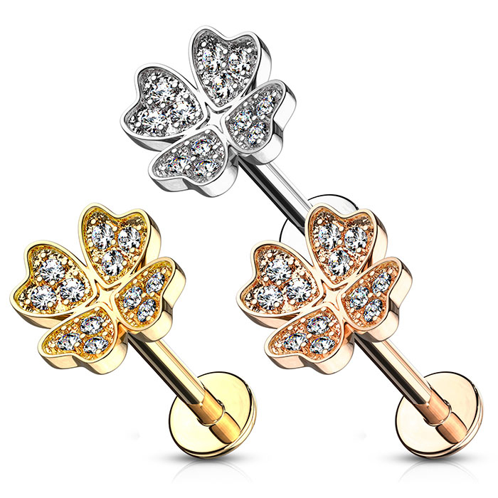 Labret med stenbesatt firkløver og innvendig gjenge