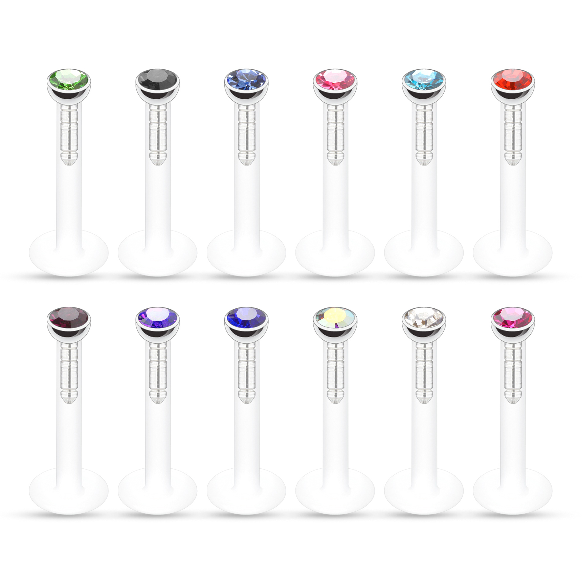Labret av ptfe med mange forskjellige fargede stener