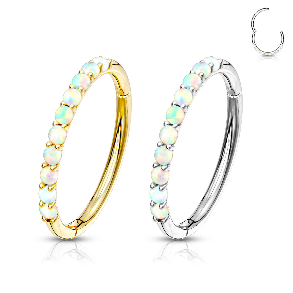 Endeløs ring av 14 karat gull med hengsel og opaler på siden