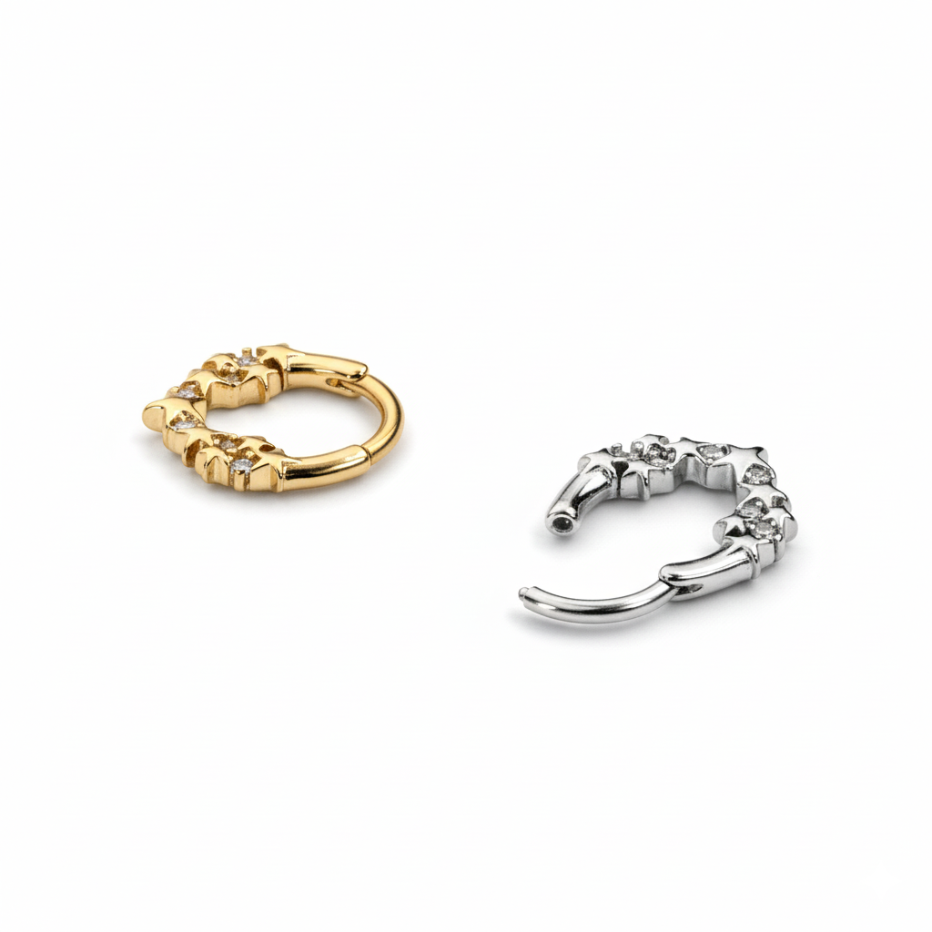 Forovervendt ring med stjerner og stener