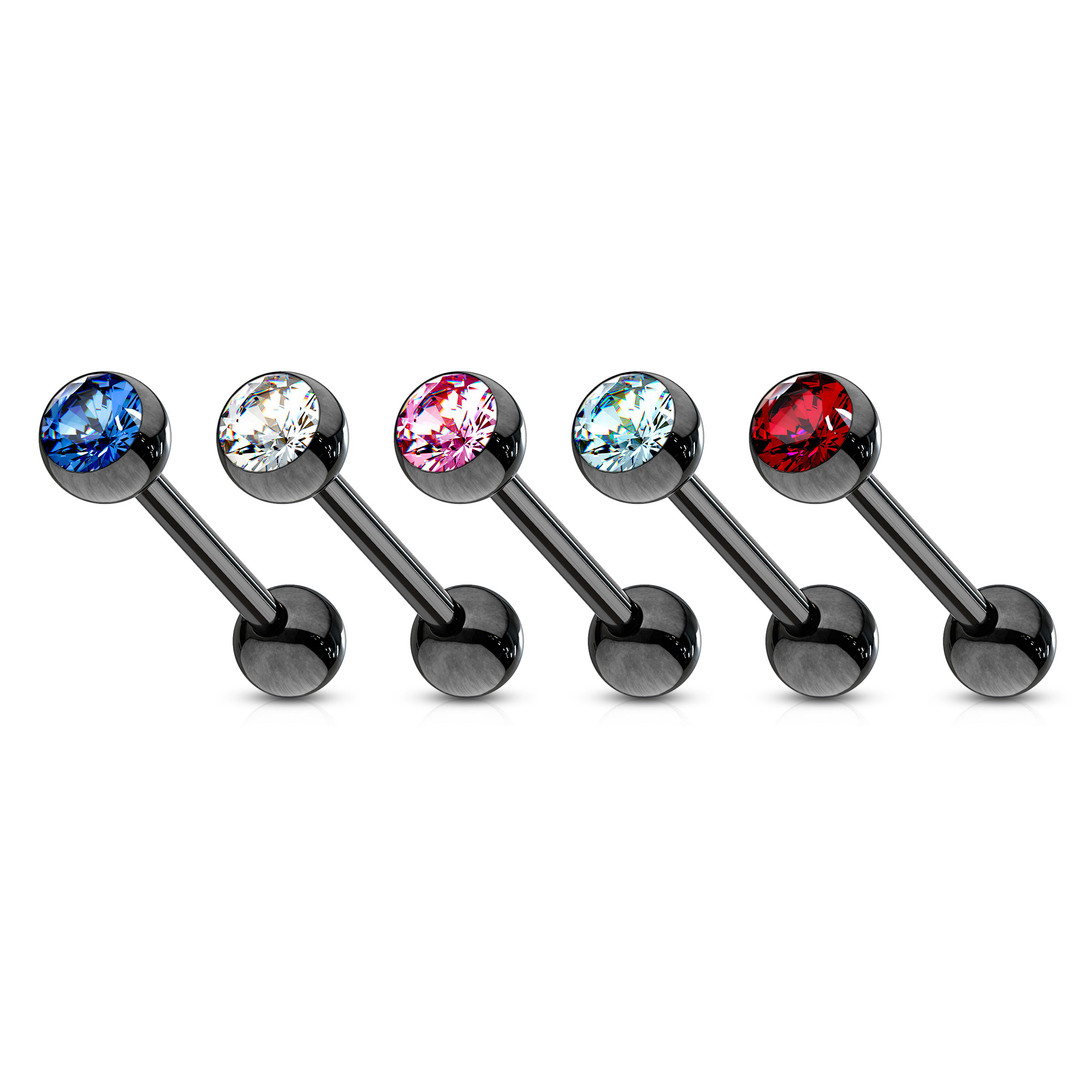 Svart tungepiercing med forskjellige farger sten