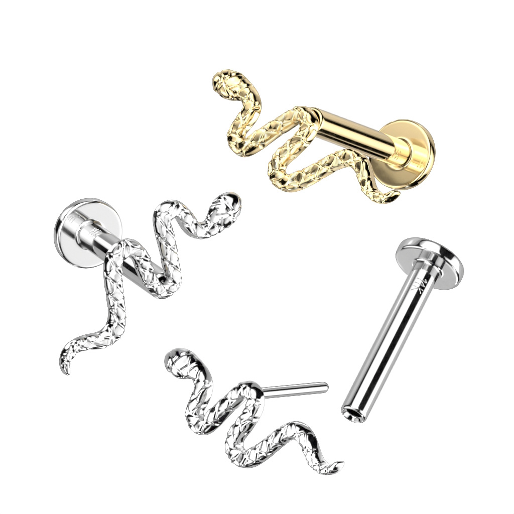 Push-in labret laget av 14K gull med detaljert slange
