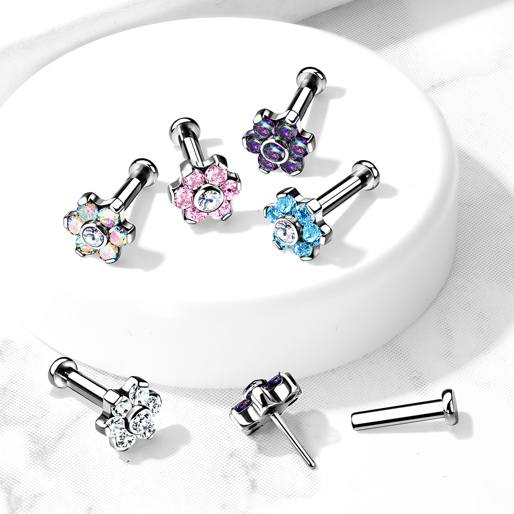 Push-in labret av titan med blomst og sten